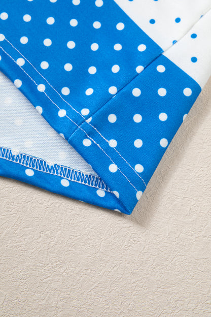 Blue Polka Dot Patchwork Colorblock Long Sleeve Top
