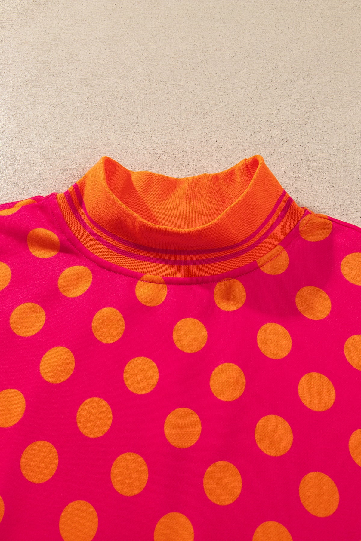 Rose Polka Dot Striped Trim Mock Neck Sweatshirt