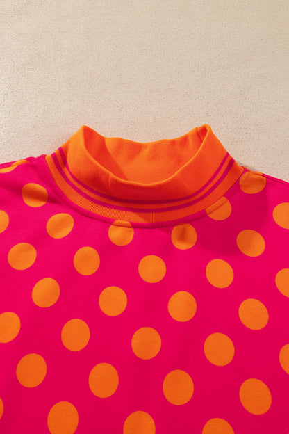 Rose Polka Dot Striped Trim Mock Neck Sweatshirt