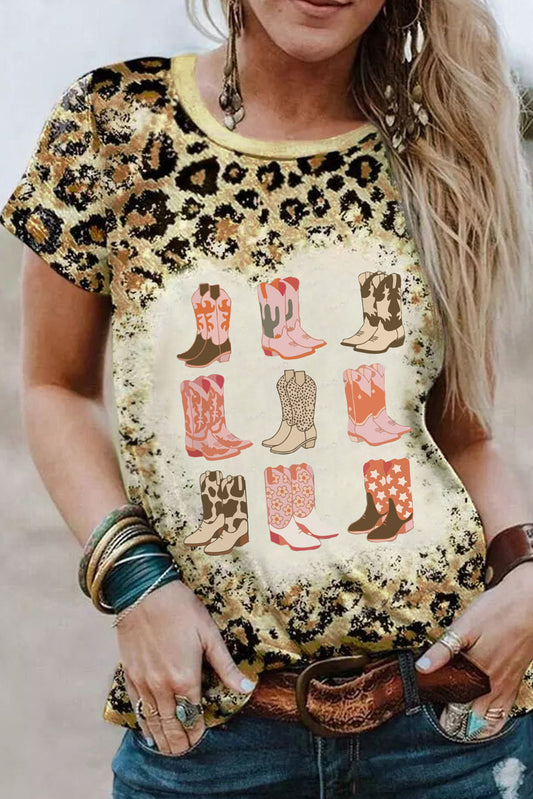 Leopard Cowgirl Boots Graphic Bleached Leopard T Shirt