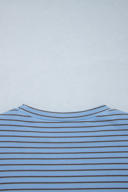 Sky Blue Stripe Color Block Contrast Long Sleeve Round Neck Casual Shift Pullover