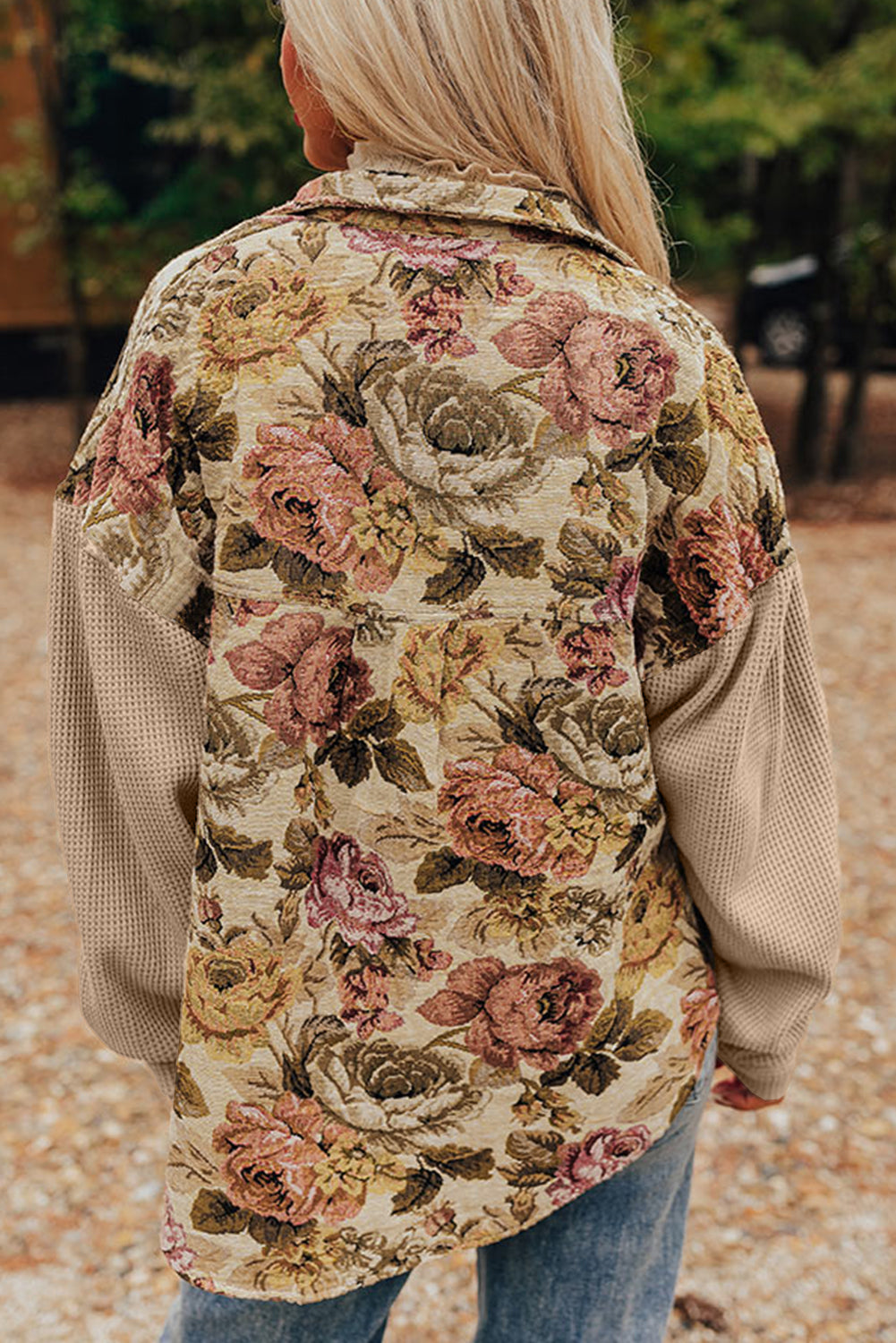 Khaki Floral Waffle Knit Patchwork Chest Pockets Buttoned Jacket