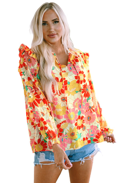 Top floral con mangas acampanadas y cuello levantado multicolor