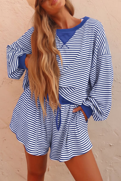 Blue Stripe Oversized Long Sleeve Top Drawstring Loose Shorts 2pcs Set