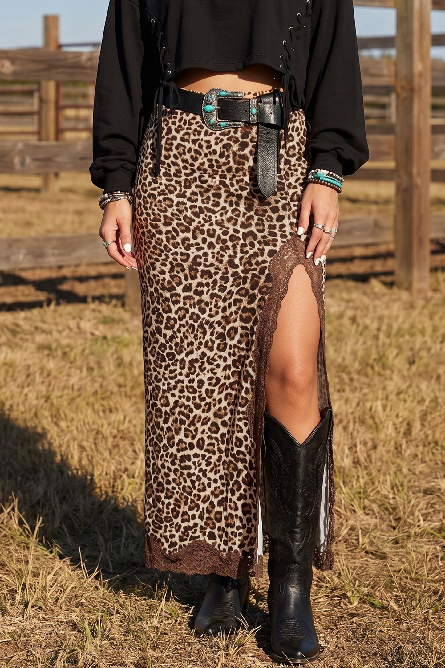 Khaki Cheetah Print Trim Split Long Western Skirt