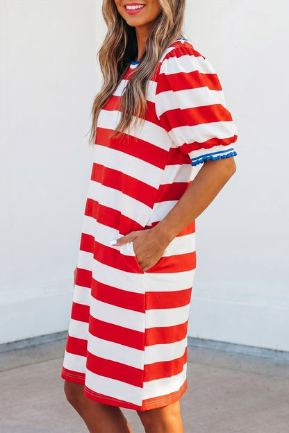 Blue Stripe Contrast Trim Round Neck Short Puff Sleeve Shift Mini Dress