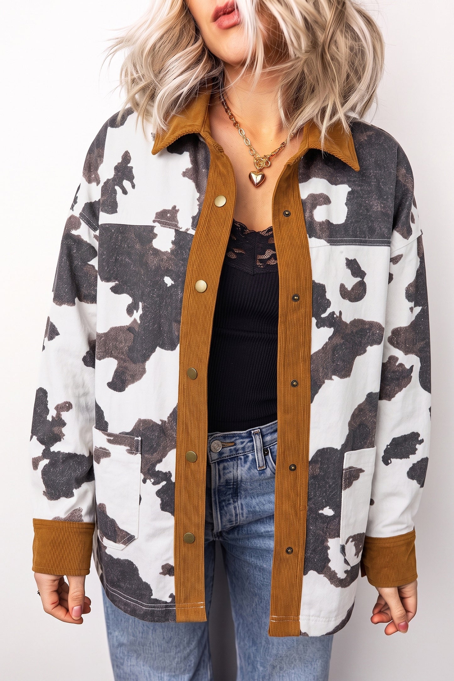 Multicolour Western Cow Print Long Sleeve Button-Up Denim Jacket