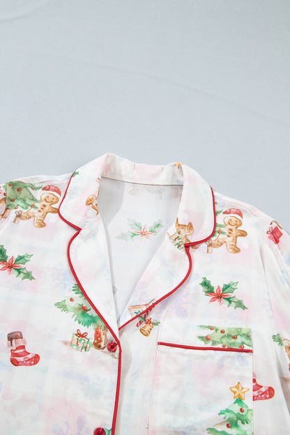 Pink Plaid Snowflake Christmas Gingerbread Man Print Long 2pcs Lounge Set