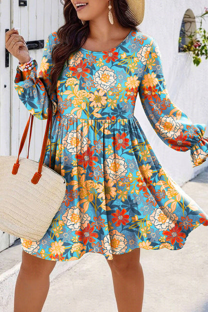Blue Plus Size Floral Ruffled Long Sleeve Flowy Mini Dress Blue / 4X / 100%Viscose Blue Plus Size Floral Ruffled Long Sleeve Flowy Mini Dress Blue / 4X / 100%Viscose
