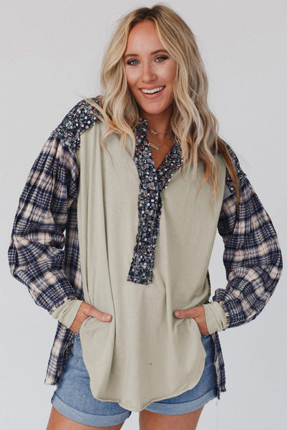 Top de patchwork con manga obispo y estampado mixto de cuadros florales rojo 