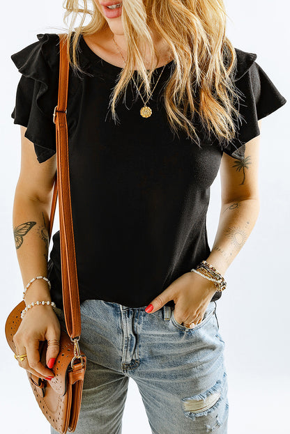 T-shirt uni à manches courtes et volants superposés 