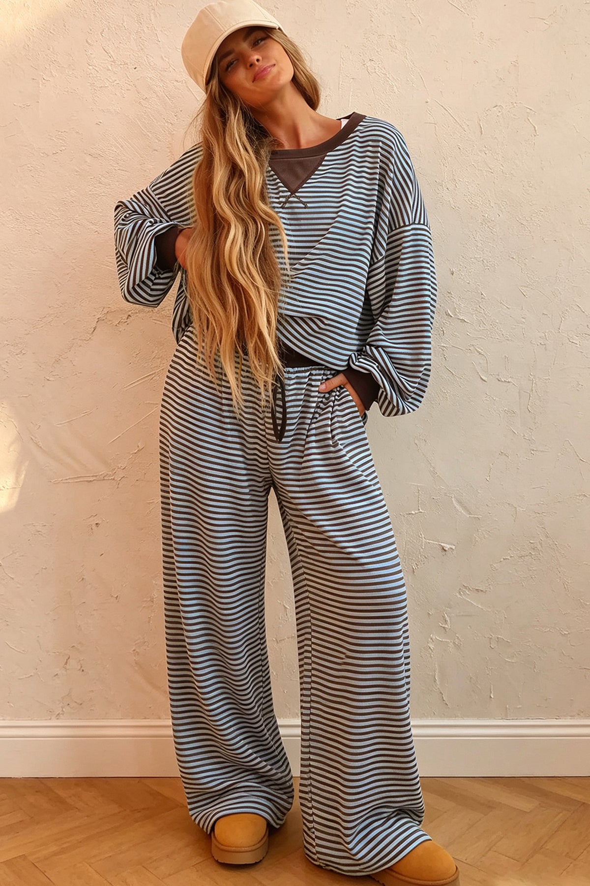 Brown Stripe Drop Shoulder Loose Top and Pants Two Piece Set