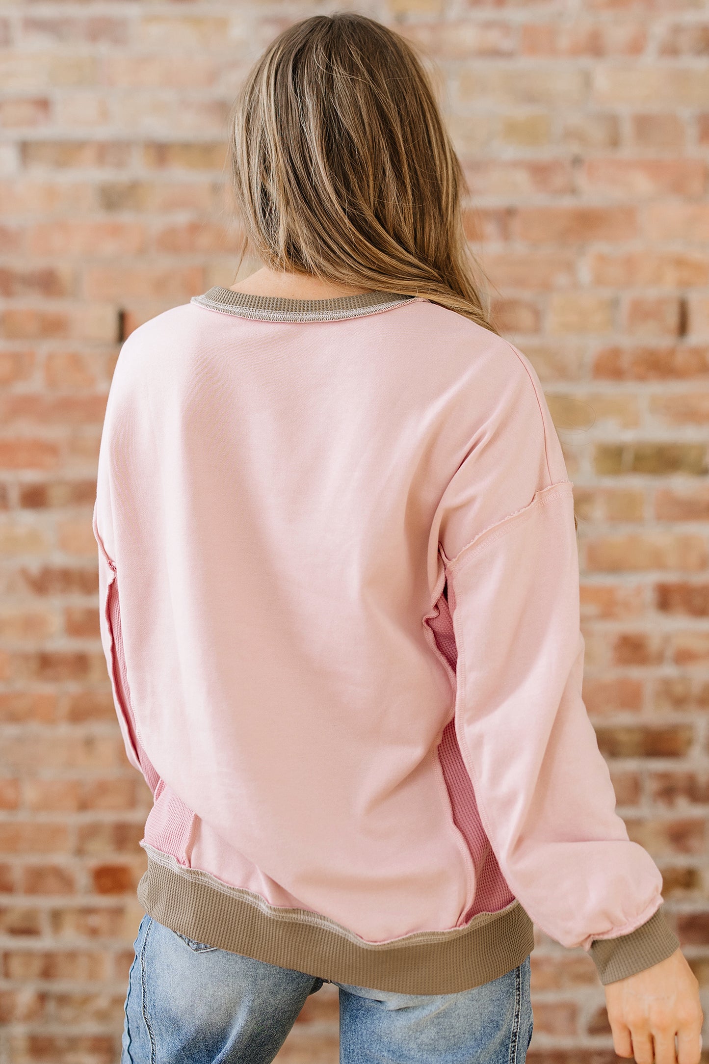 Wild Wind Color Block Mix Texture Waffle Patchwork Oversize Sweatshirt