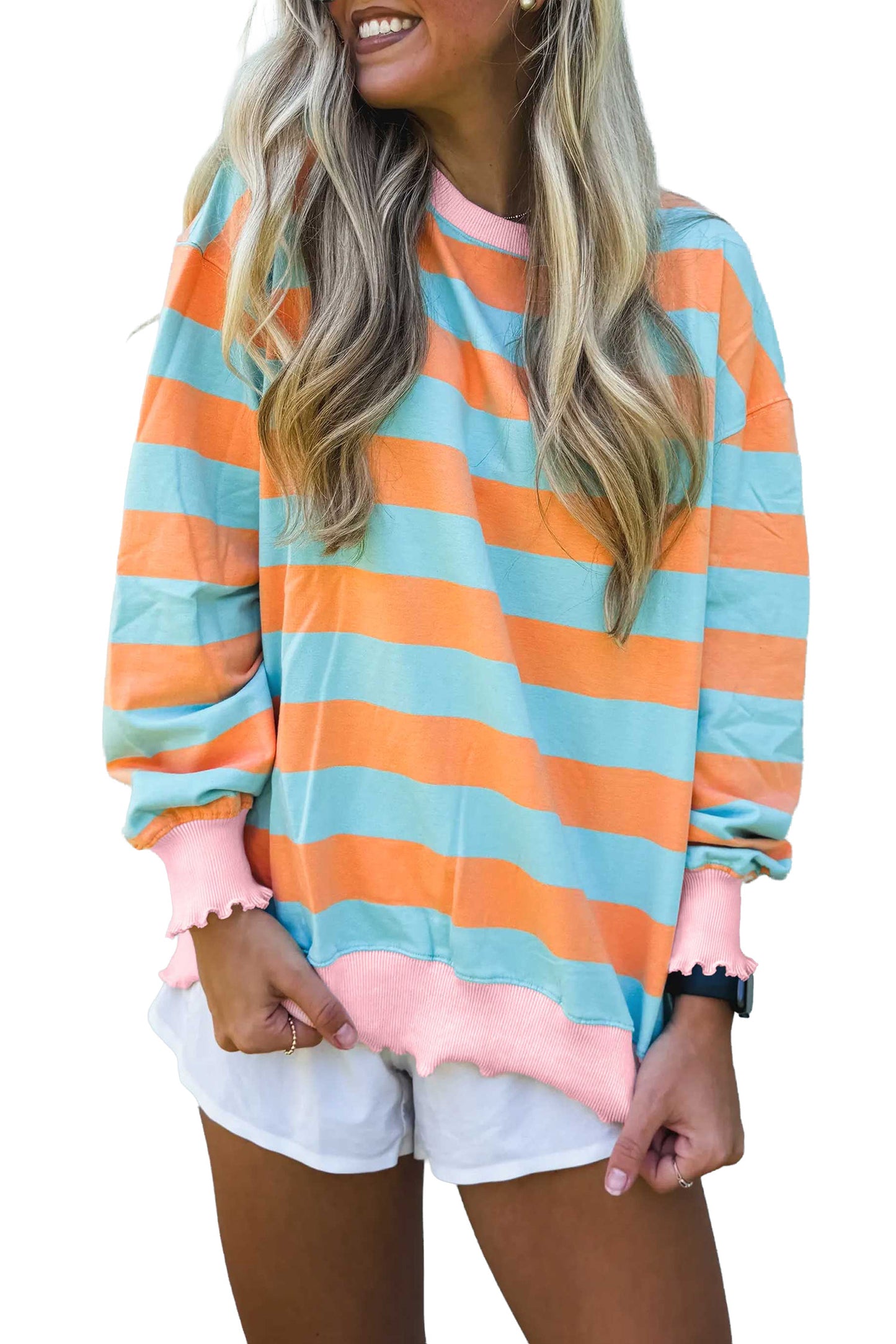 Orange Stripe Ribbed Color Block Trim Round Neck Long Sleeve Shift Top