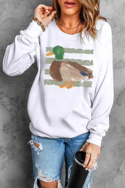 White Western Duck Graphic Casual Pullover Sweatshirt
