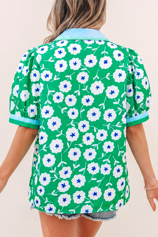 Green Flower Printed Contrast Patchwork Collar Short Sleeve Blouse