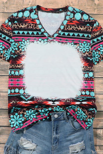 Haut à manches courtes et col en V décoloré à imprimé western vert