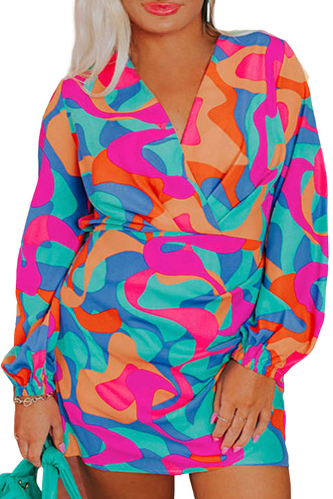 Vestido de manga larga con sobrepelliz plisado y estampado abstracto de talla grande multicolor