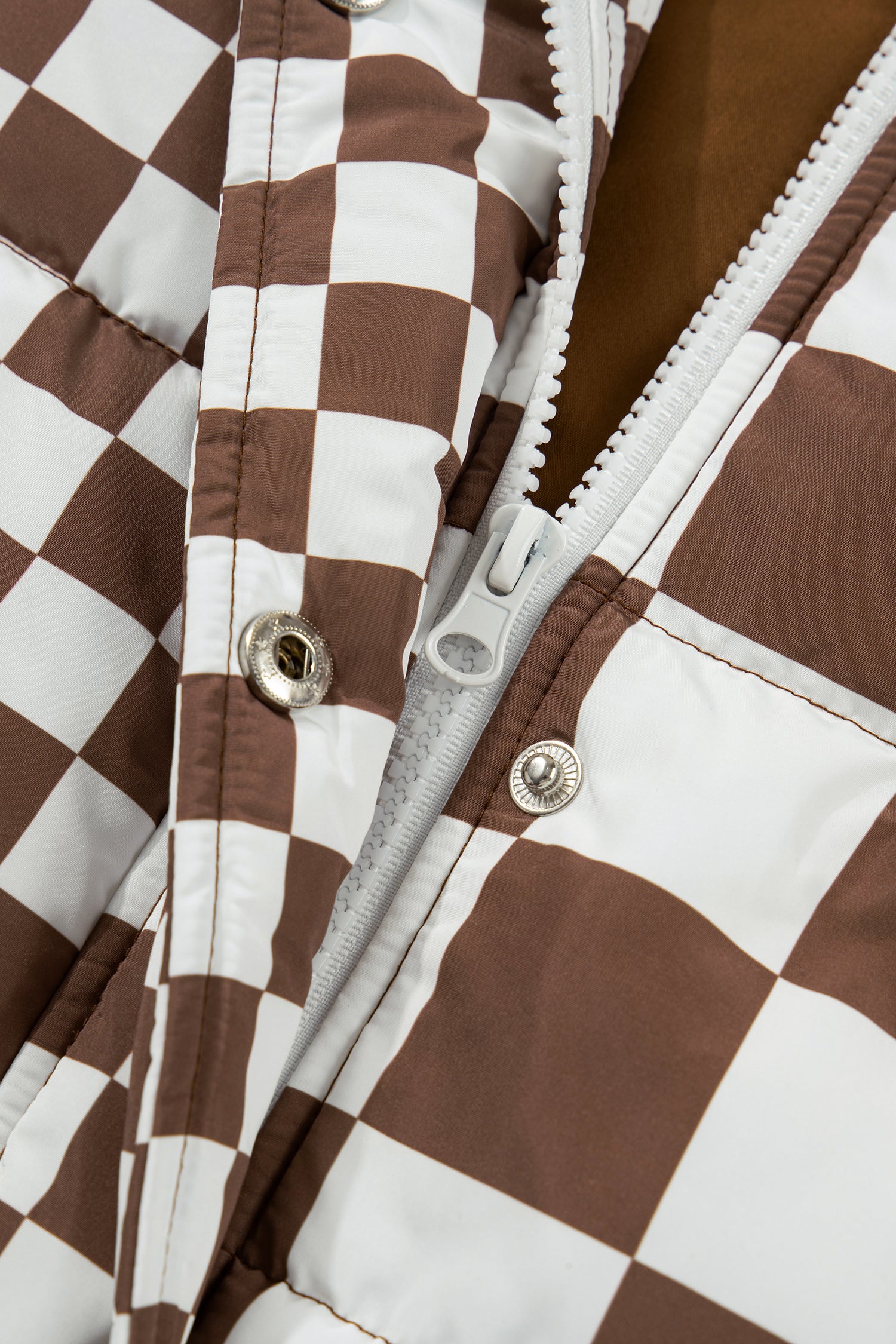 Brown Double Checked Stand Collar Cropped Puffer Vest