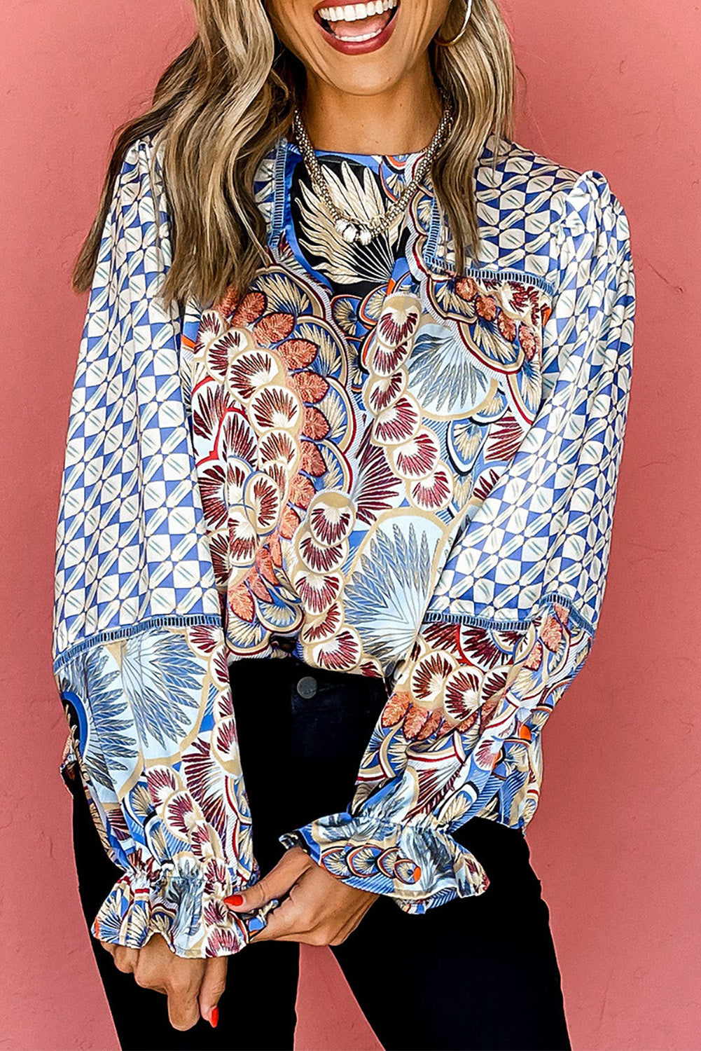 Black Mixed Floral Geometric Print Ruffled Long Sleeve Blouse