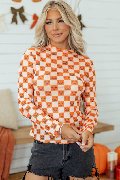 Orange Abstract Halloween Pattern Long Sleeve Stand Neck Shift Blouse