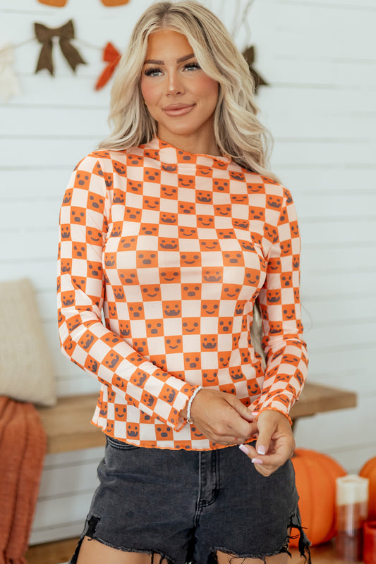 Orange Abstract Halloween Pattern Long Sleeve Stand Neck Shift Blouse