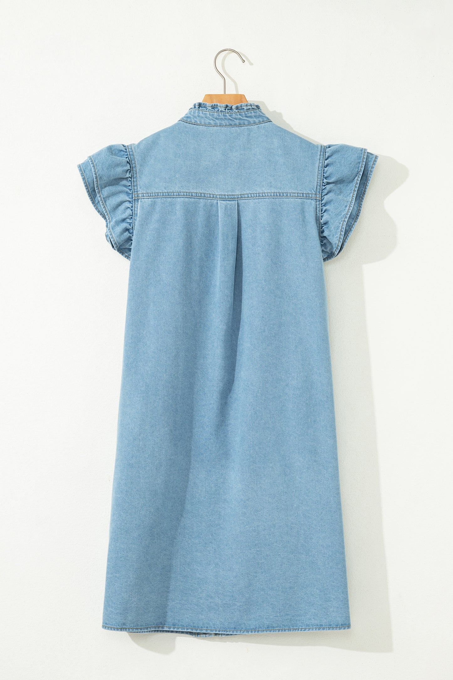 Myosotis Frilled Detail Button Down Ruffle Short Sleeve Denim Mini Dress