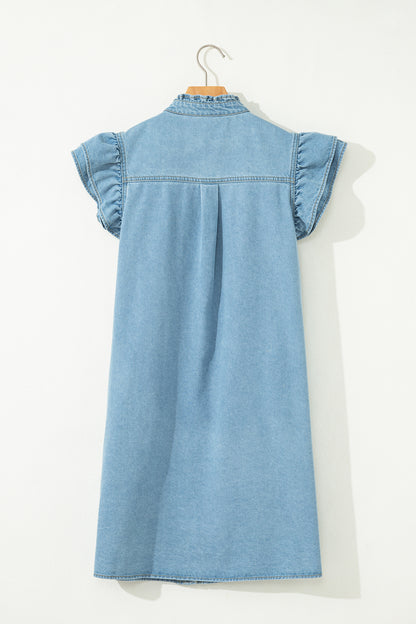 Myosotis Frilled Detail Button Down Ruffle Short Sleeve Denim Mini Dress