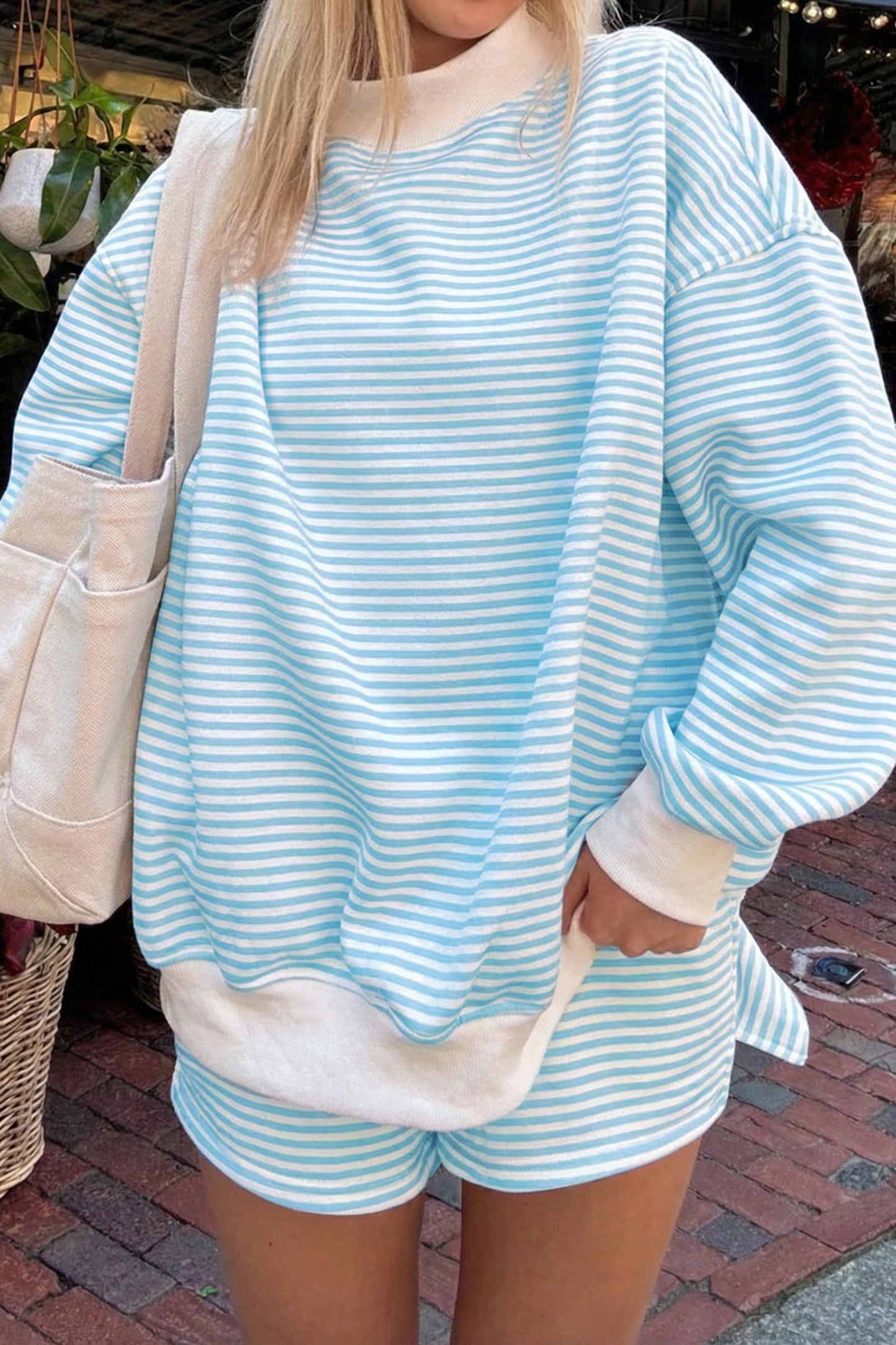 Sky Blue Stripe Oversize Mock Neck Sweatshirt and Shorts Set