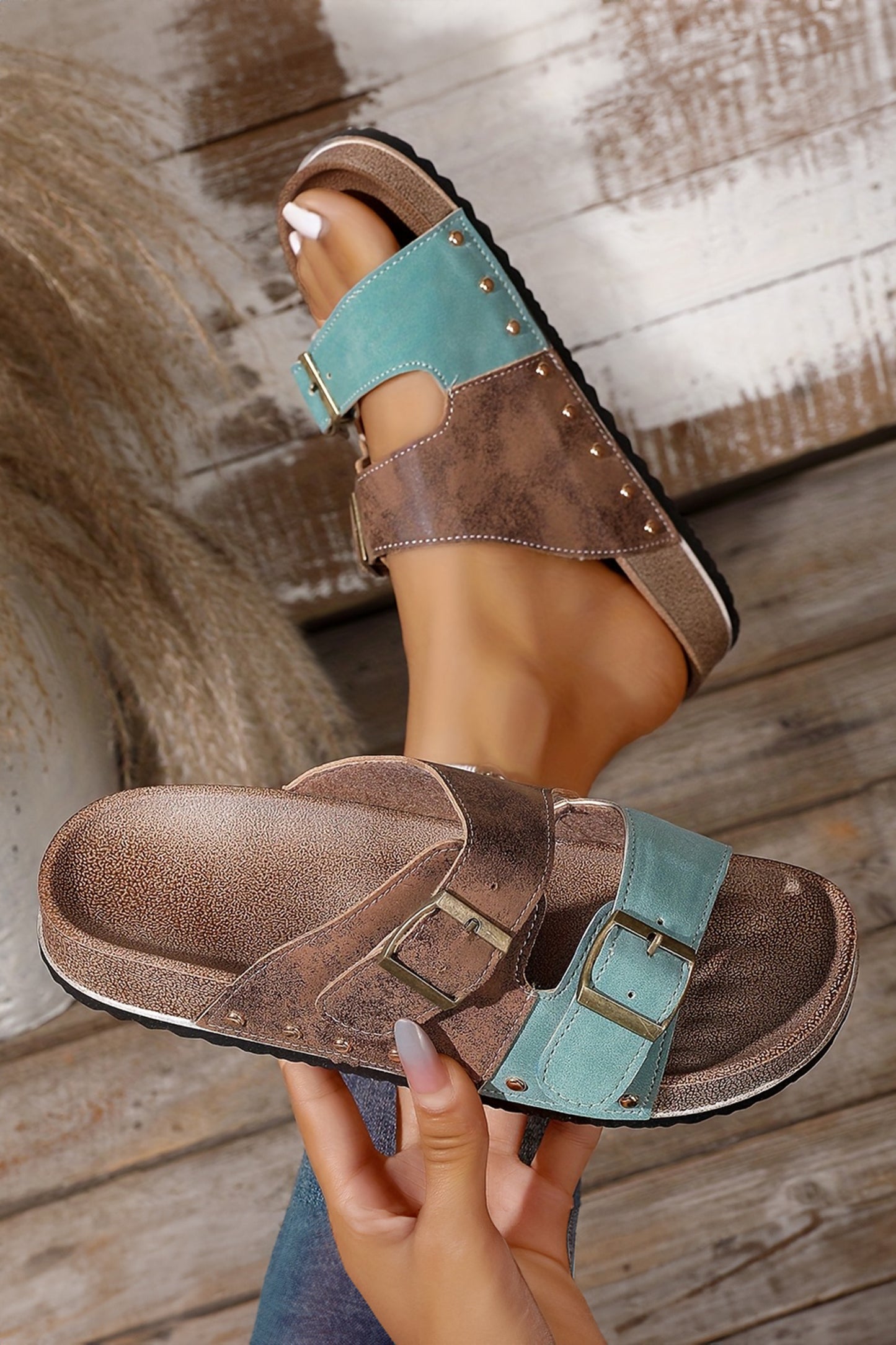Light Blue Two-tone Retro Buckle Straps Hollowed Faux Suede Slippers