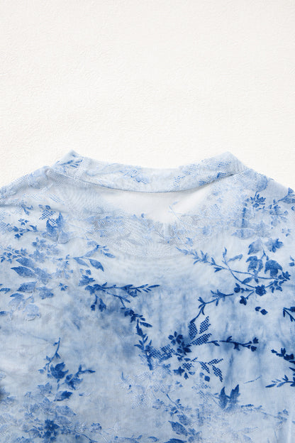 Sky Blue Sheer Mesh Floral Printed Mock Neck Long Sleeve Bodysuit