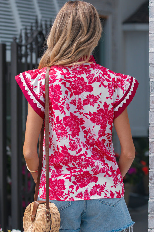 Red Floral Print Color Block Trim Lace Detail V Neck Flutter Sleeve Blouse