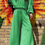 Bright Green Drop Shoulder Puff Sleeve Crop Pullover Drawstring Wide Leg Pants Set