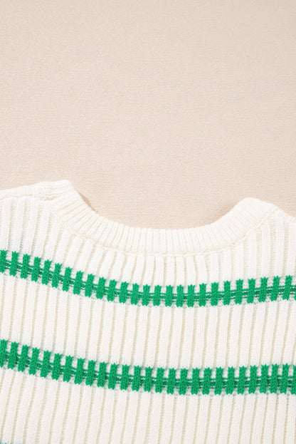 Bright Green Striped Round Neck Casual Sweater Vest