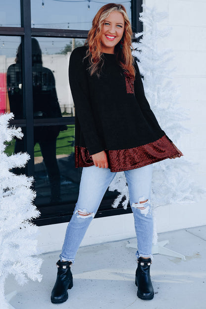 Top con dobladillo con volante y bolsillo de parche de lentejuelas