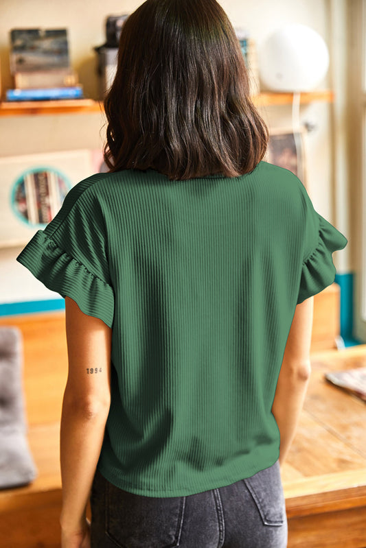 Blackish Green Solid Color Ribbed Ruffled Short Sleeve T Shirt