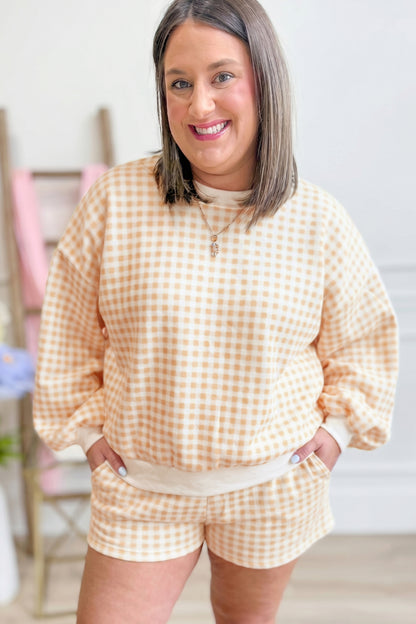 Yellow Gingham Loose Pullover Top Drawstring Shorts Plus Size Set