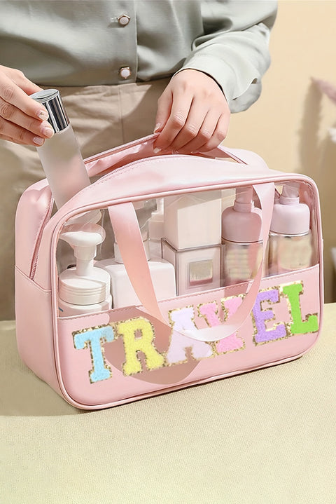 Bolsa de maquillaje de PVC transparente con letras de chenilla de viaje rosa claro