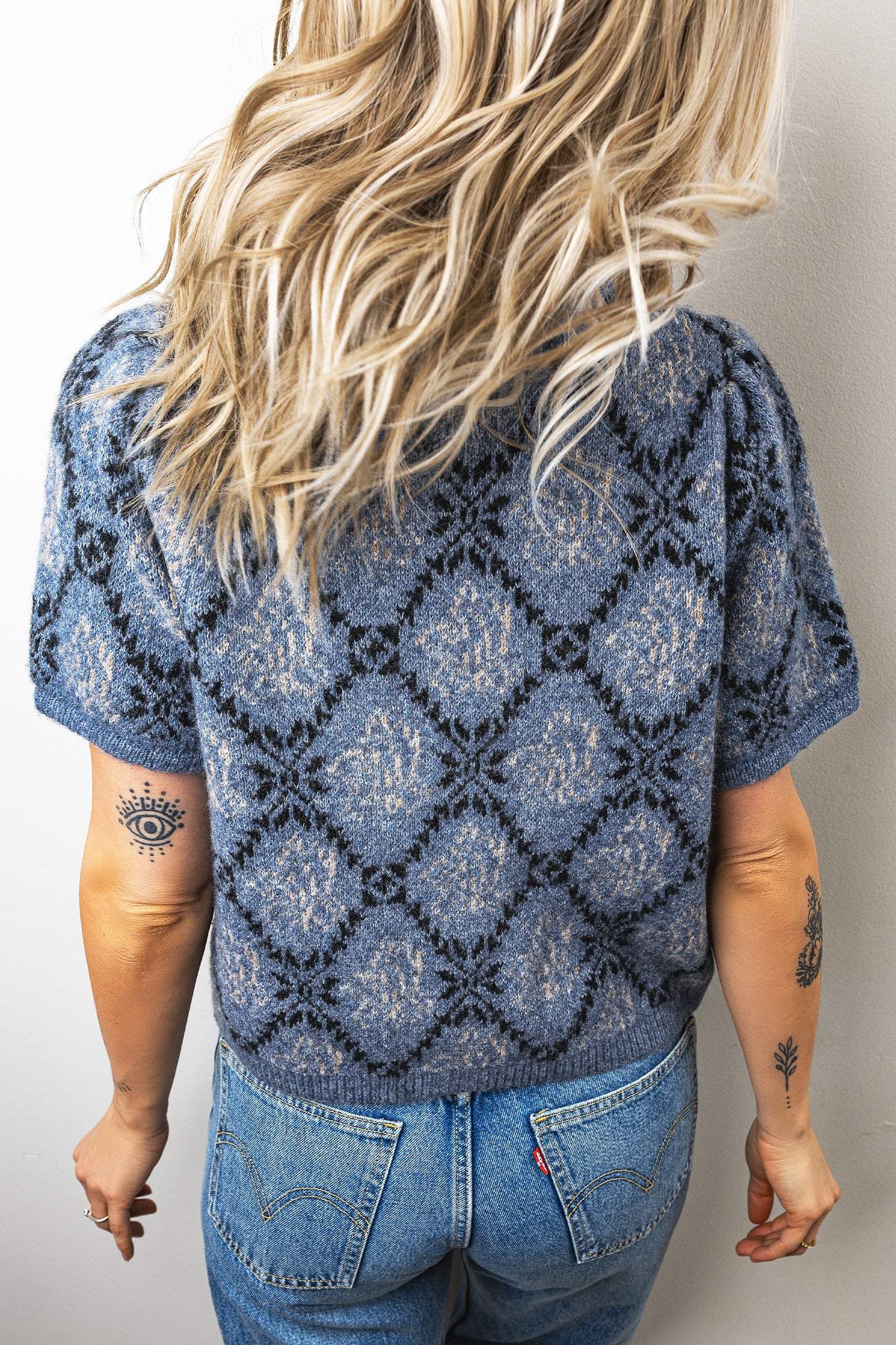 Dark Blue Short Sleeve Button Front Boho Knit Top Cardigan