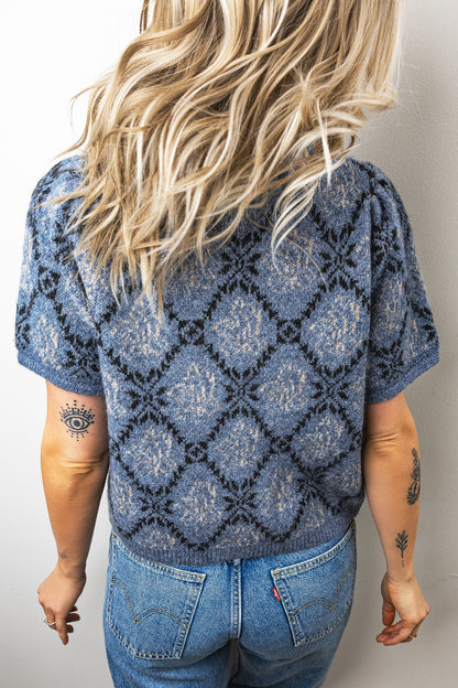 Dark Blue Short Sleeve Button Front Boho Knit Top Cardigan