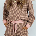 Brown Checkerboard Long Sleeve Pullover and Shorts Set