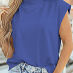 Sky Blue Solid Color High Neck Cap Sleeve Loose Top