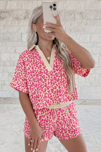 Rose V Neck Collar Leopard Printed 2pcs Short Set