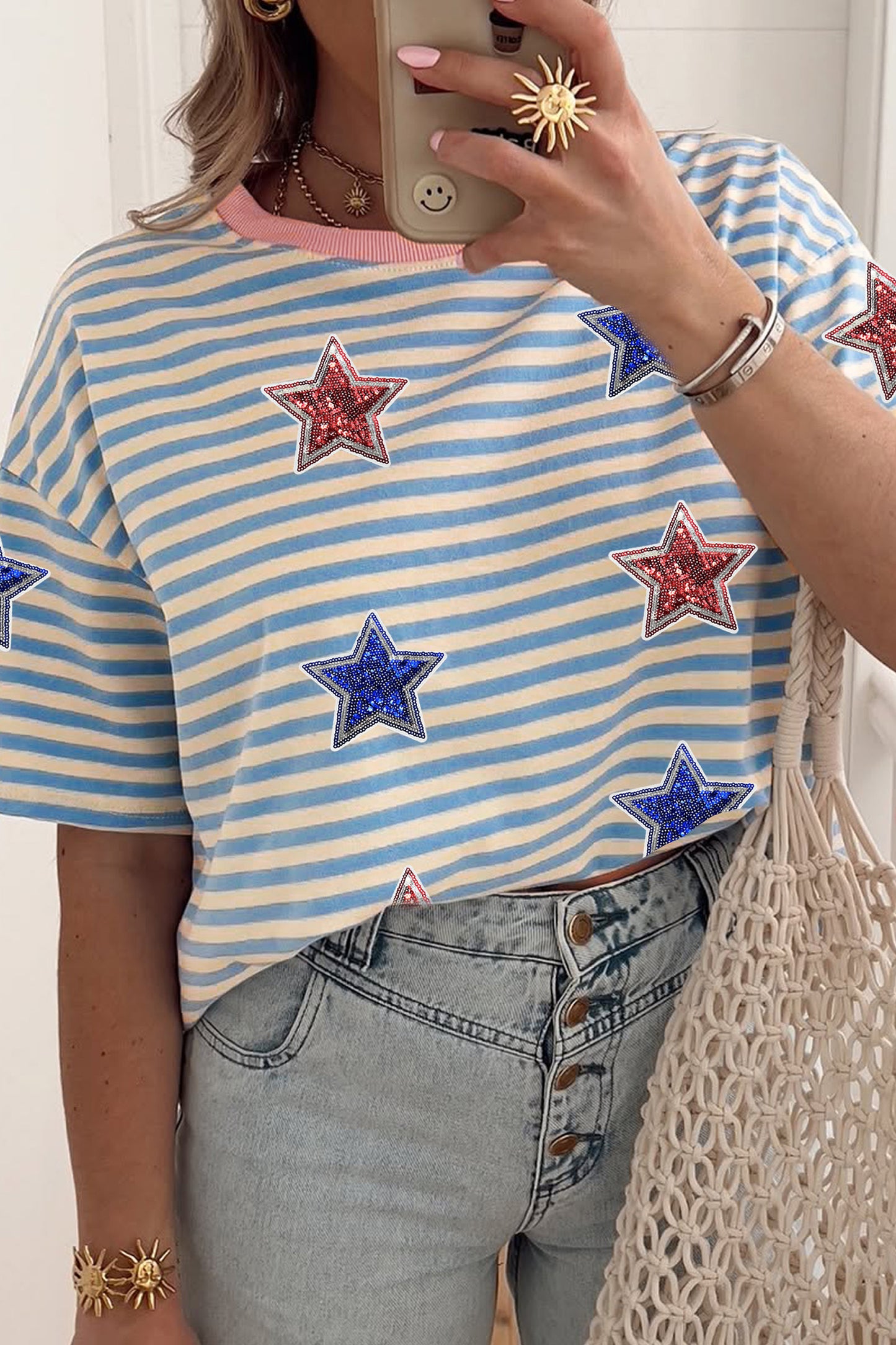 Sky Blue Stripe Patriotic Sequin Stars Decoration Short Sleeve T Shirt