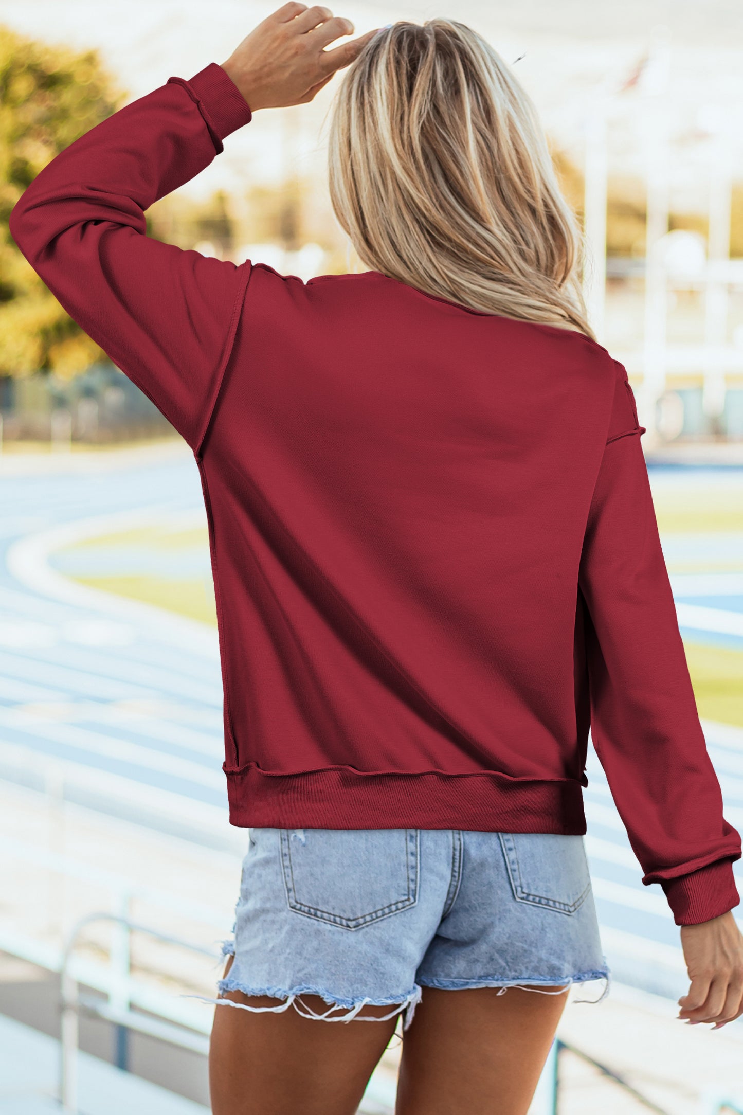 Red Dahlia Oversize Drop Shoulder Reversible Mock Neck Sweatshirt