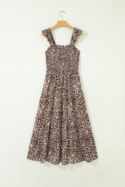 Brown Ruffled Straps Smocked Tiered Leopard Maxi Dress