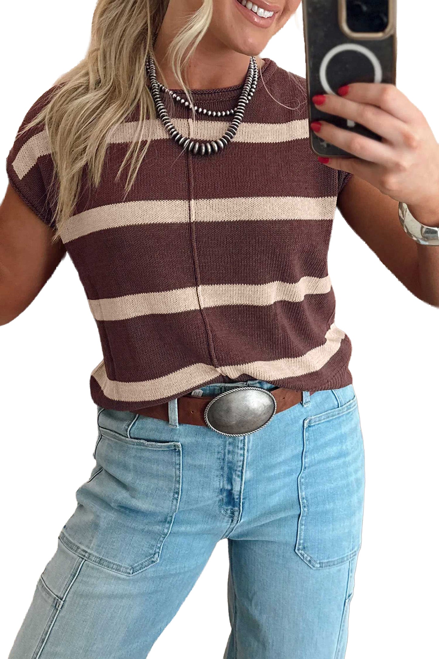 Brown Stripe Knit Western Short Sleeve Sweater