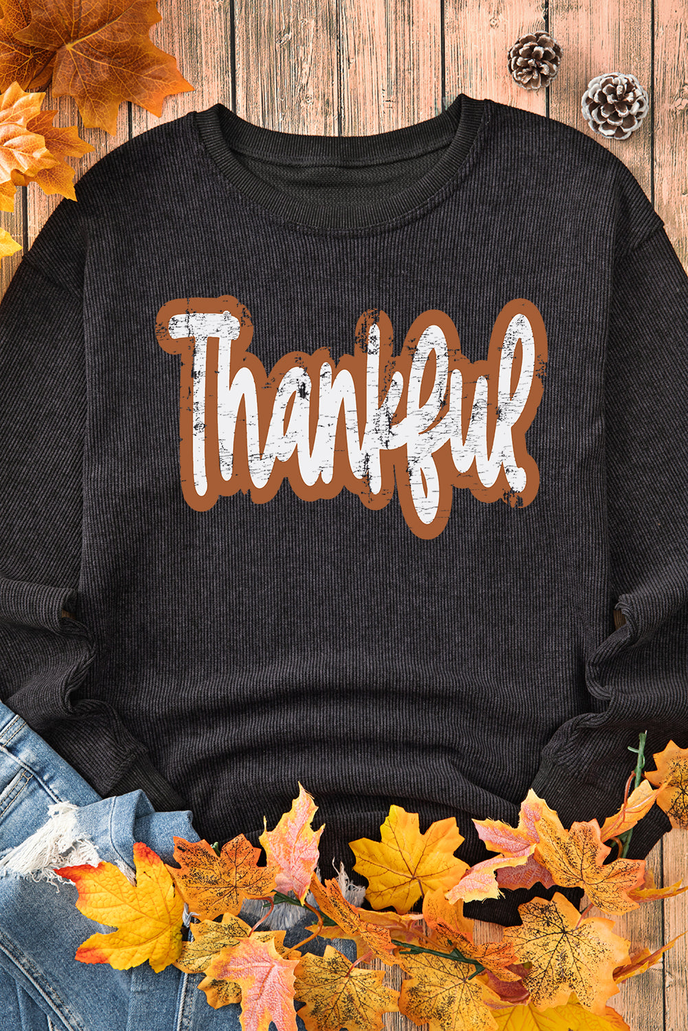 Sweat-shirt noir à cordon imprimé Thankful pour Thanksgiving