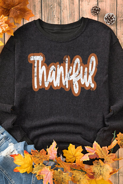 Sweat-shirt noir à cordon imprimé Thankful pour Thanksgiving