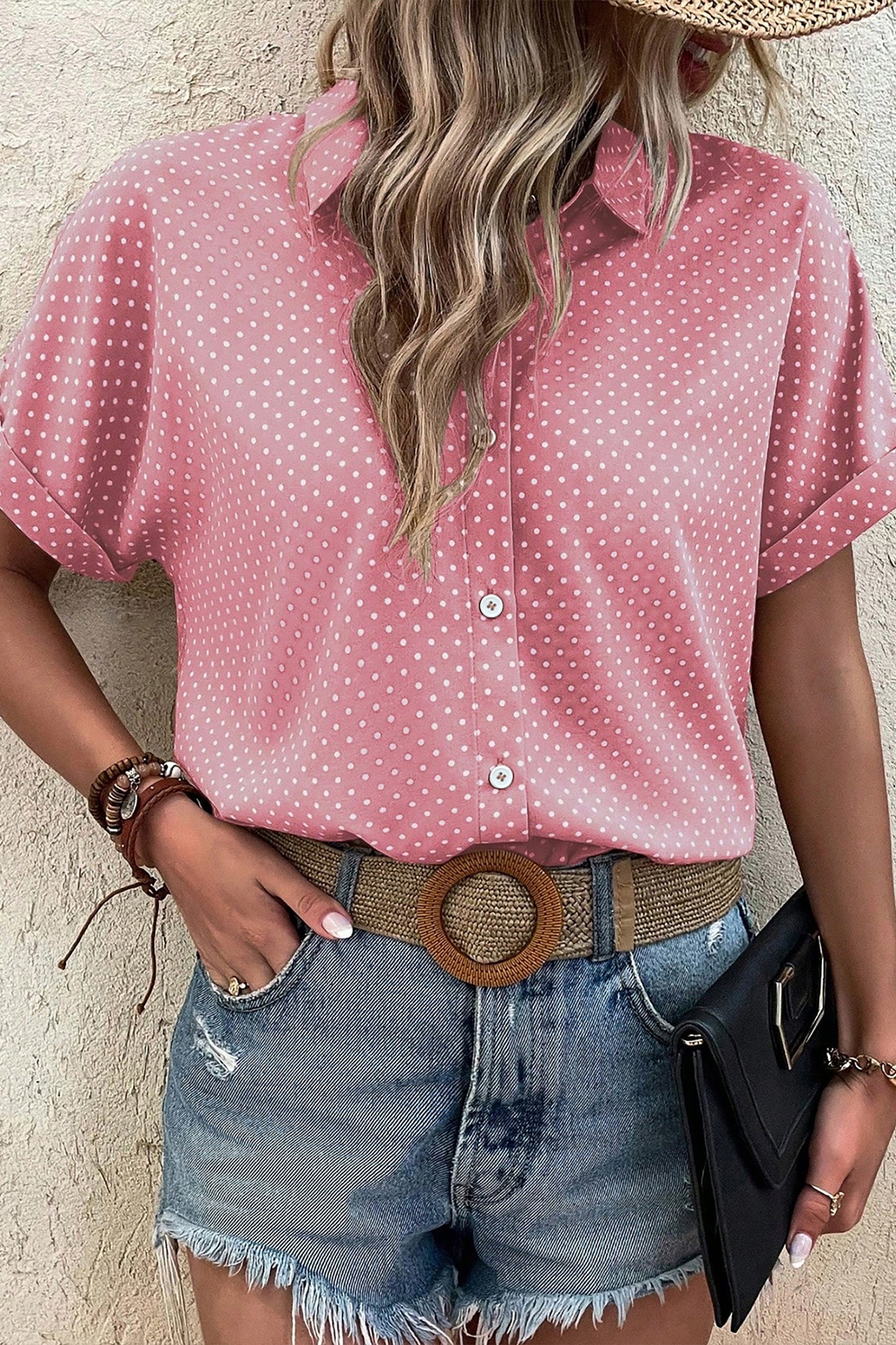 Pink Dotted Print Cuffed Short Sleeve Shirt